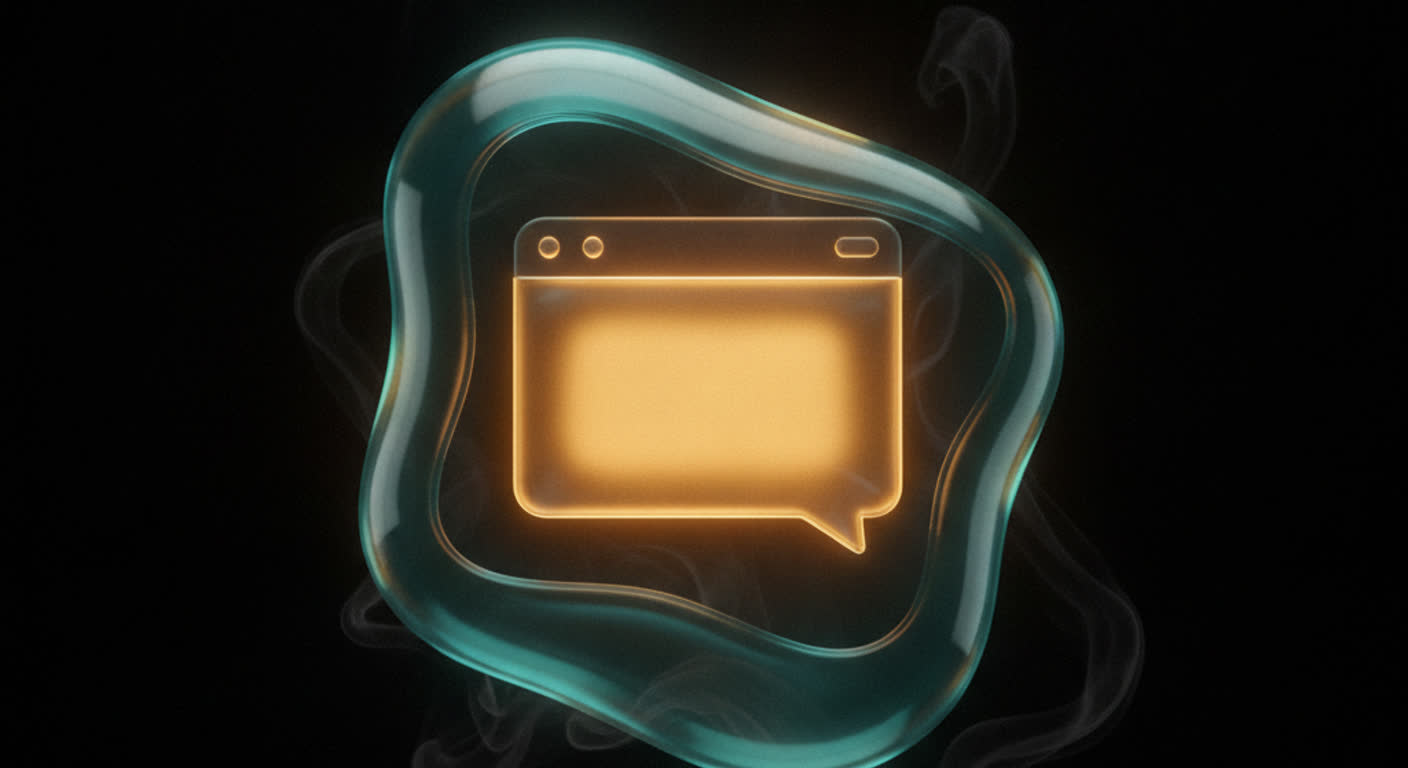 A glowing amber chat window sits inside a transparent teal protective shell on a dark background