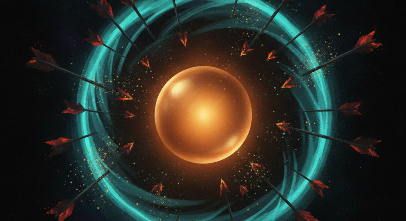 Arrows of attack bounce off a calm amber core protected by a teal barrier in the dark