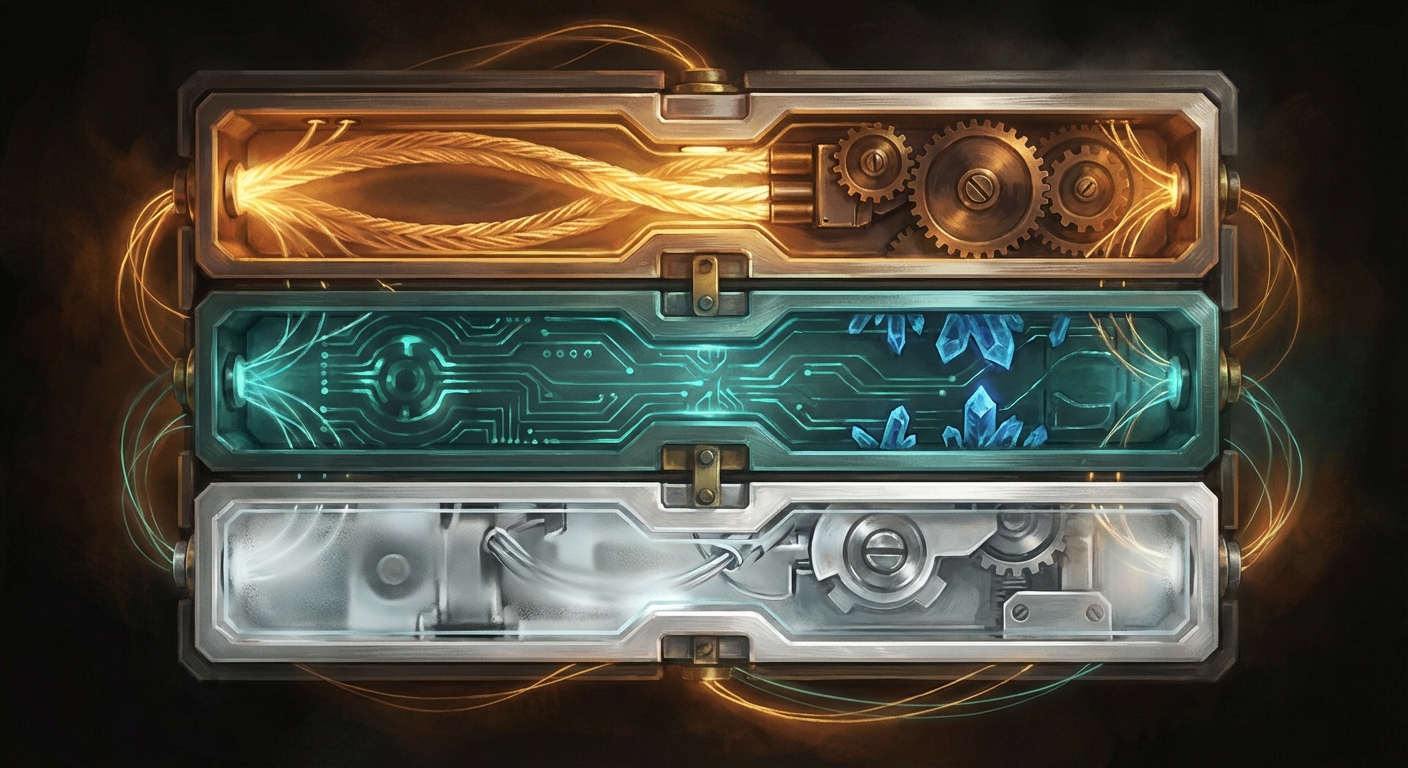Close-up of one modular compartment with three internal layers in amber, teal, and white visible as distinct interlocked panels