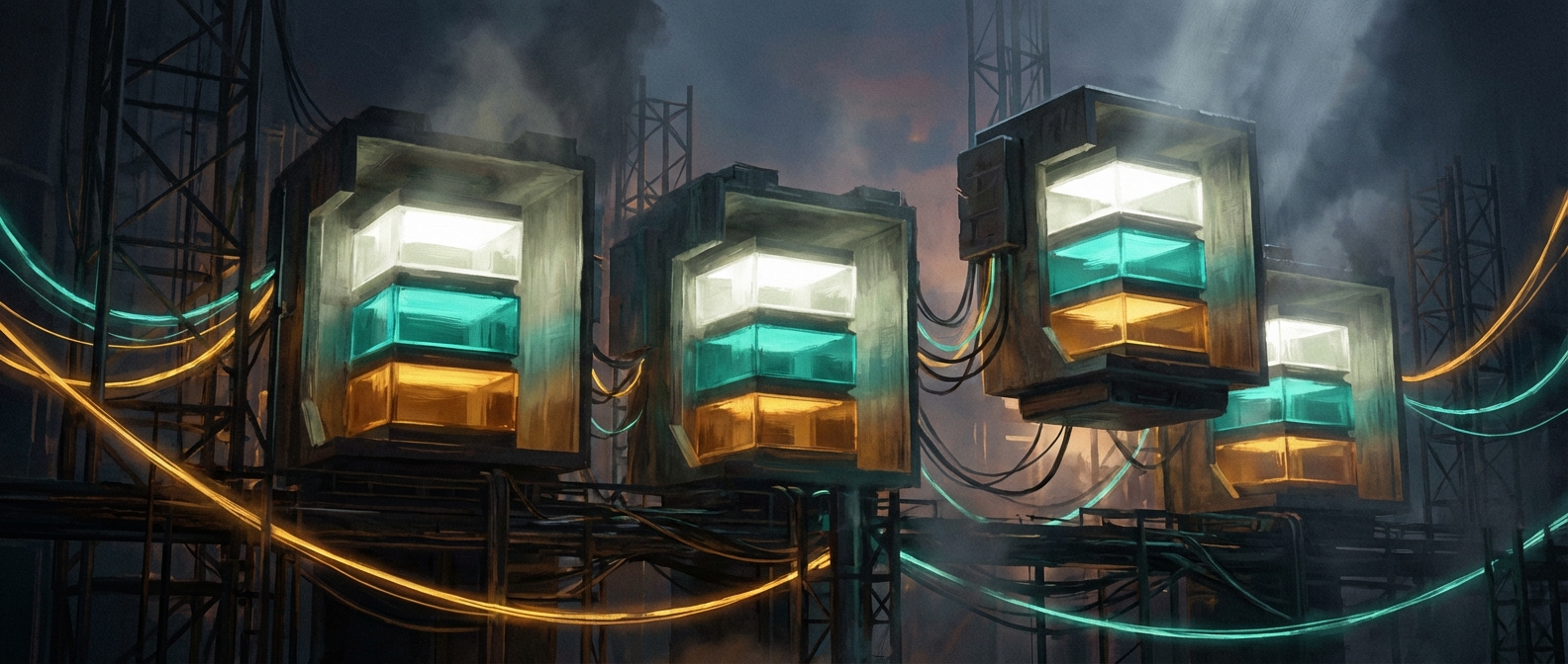 Three identical modular compartments arranged side by side, each containing the same three-layer structure visible through a glowing translucent panel