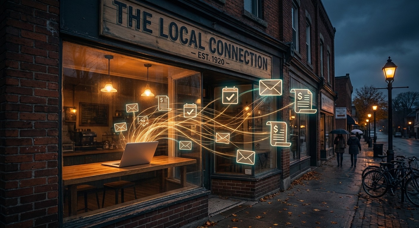 A small-business storefront in a quiet Ontario town with amber digital threads flowing from a laptop on the front counter into icons representing email, scheduling, and invoicing