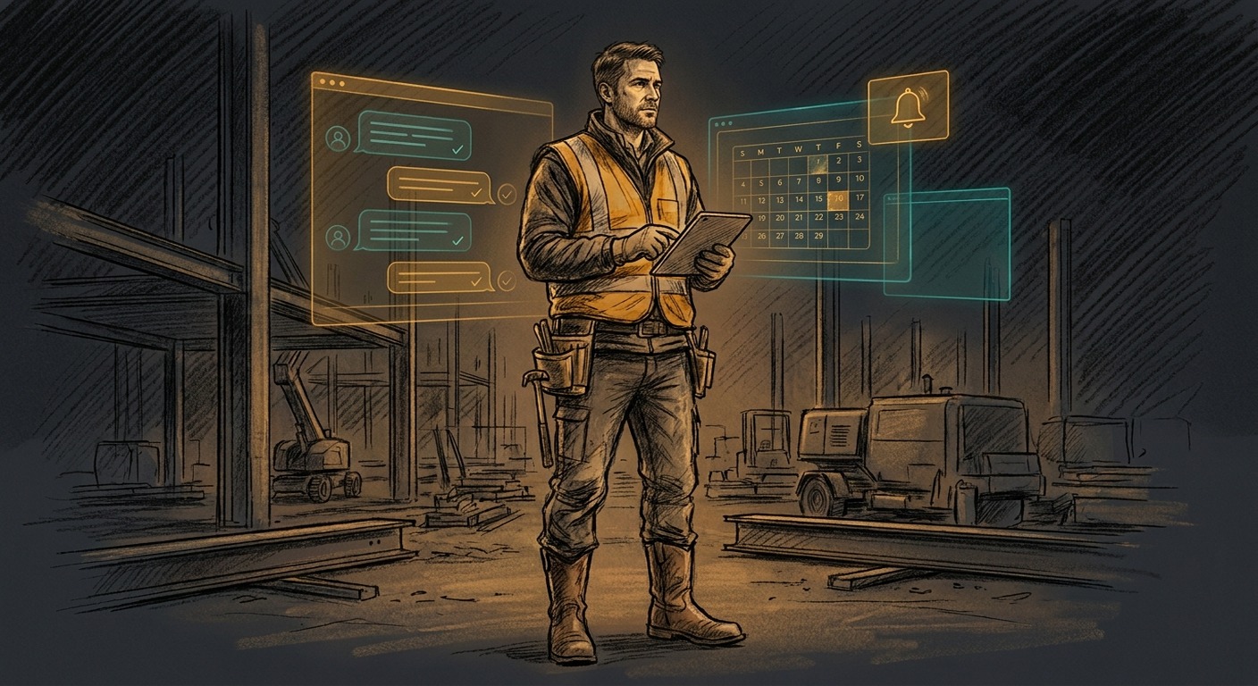 A contractor in work clothes checking a tablet on a job site, with transparent overlay showing automated messages being sent and calendar appointments being confirmed in the background