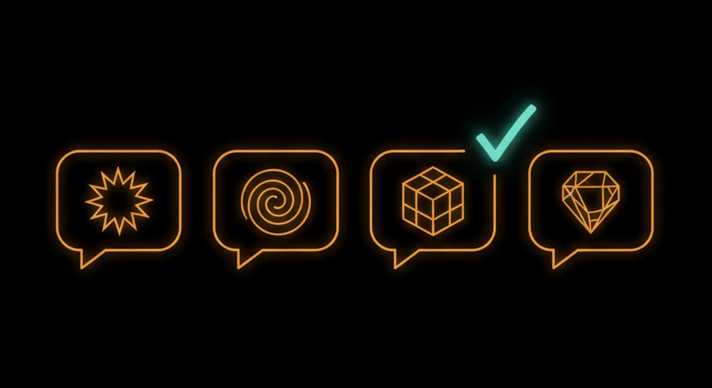 Four amber speech bubbles with different shapes and a teal checkmark beside one