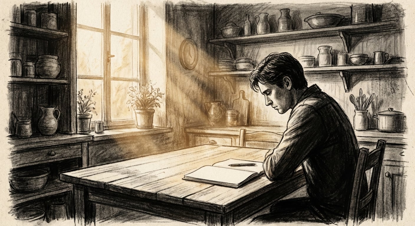 A person sitting alone at a quiet kitchen table with an empty notebook open and a single pen resting on the page, morning light coming through a window
