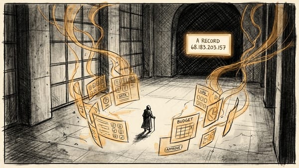 A shadowy figure standing in an empty office while glowing threads automate rows of tasks in the background