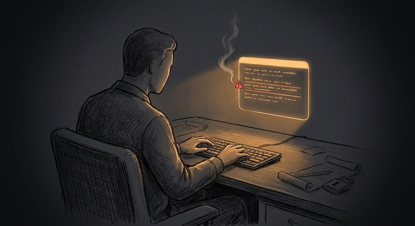 Charcoal-and-amber illustration of a founder typing at a keyboard while a small amber-glowing terminal panel above his desk highlights one sentence in his draft with a red flag icon