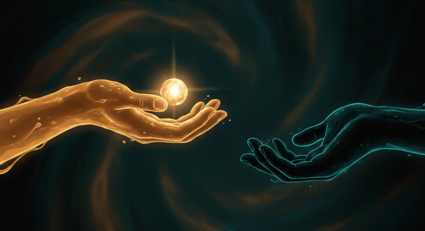 A warm amber hand offers a small glowing seed of light to an open empty hand in the dark, generous and with no strings attached