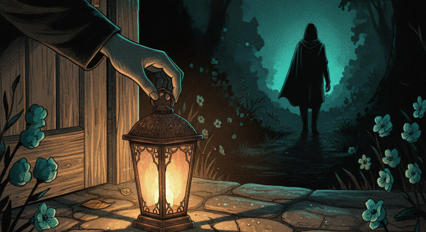 A lantern is set down glowing on a dark doorstep and the giver walks away, leaving the warm light behind