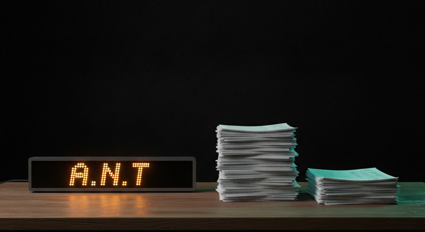 A glowing amber ticker strip reading ANT hangs in a dark room above a wooden desk where a soft teal light sorts a stack of paper invoices