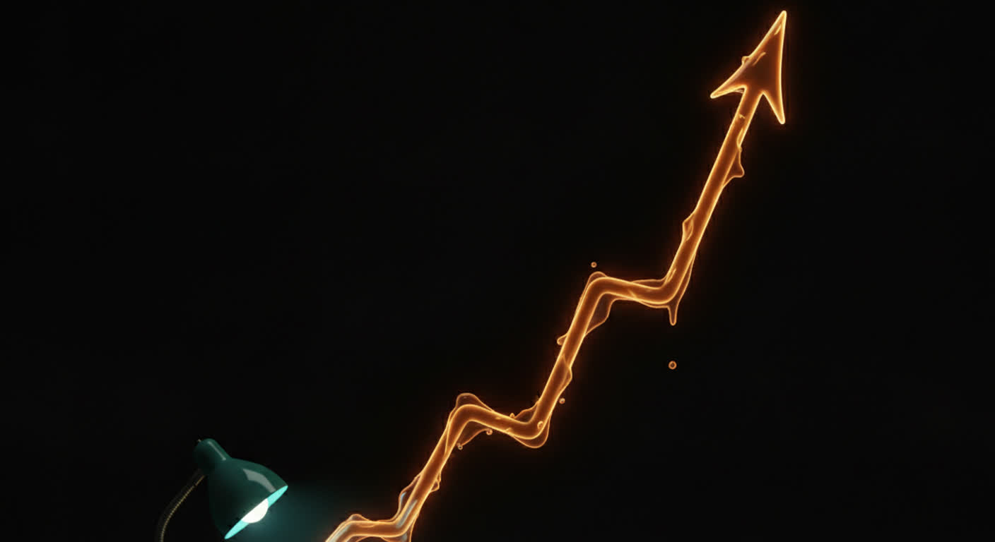A steep amber line chart climbs across a dark background above a small teal desk lamp