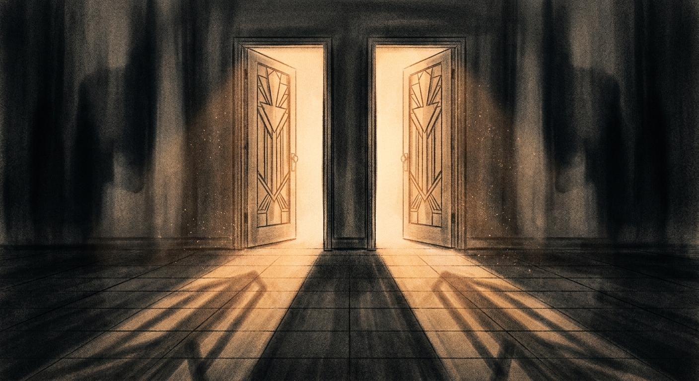 Charcoal and amber illustration of two identical doors opening on a dark hallway at the same moment, no people, soft warm light, abstract suggestion of duplicate corporate moves