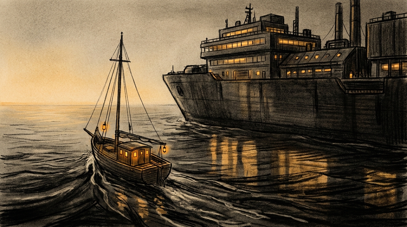Charcoal and amber illustration of a small wooden ship and an enormous corporate barge sailing in the same direction on dark water, both heading the same way, the small ship more nimble