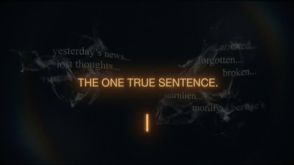 A single glowing text cursor on a dark screen with fragments of discarded headline drafts fading into the background, one line in amber standing clear above the rest