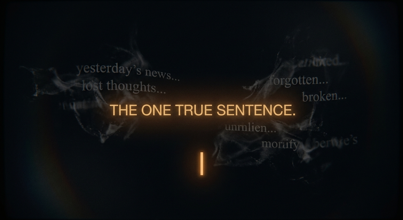 A single glowing text cursor on a dark screen with fragments of discarded headline drafts fading into the background, one line in amber standing clear above the rest