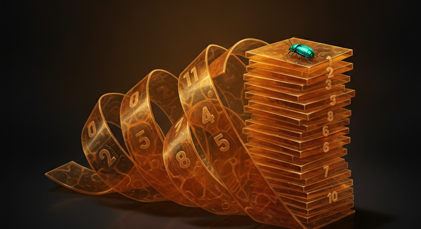 Tangled amber label tags straighten into a clean numbered stack on a dark surface with a teal bug highlighted