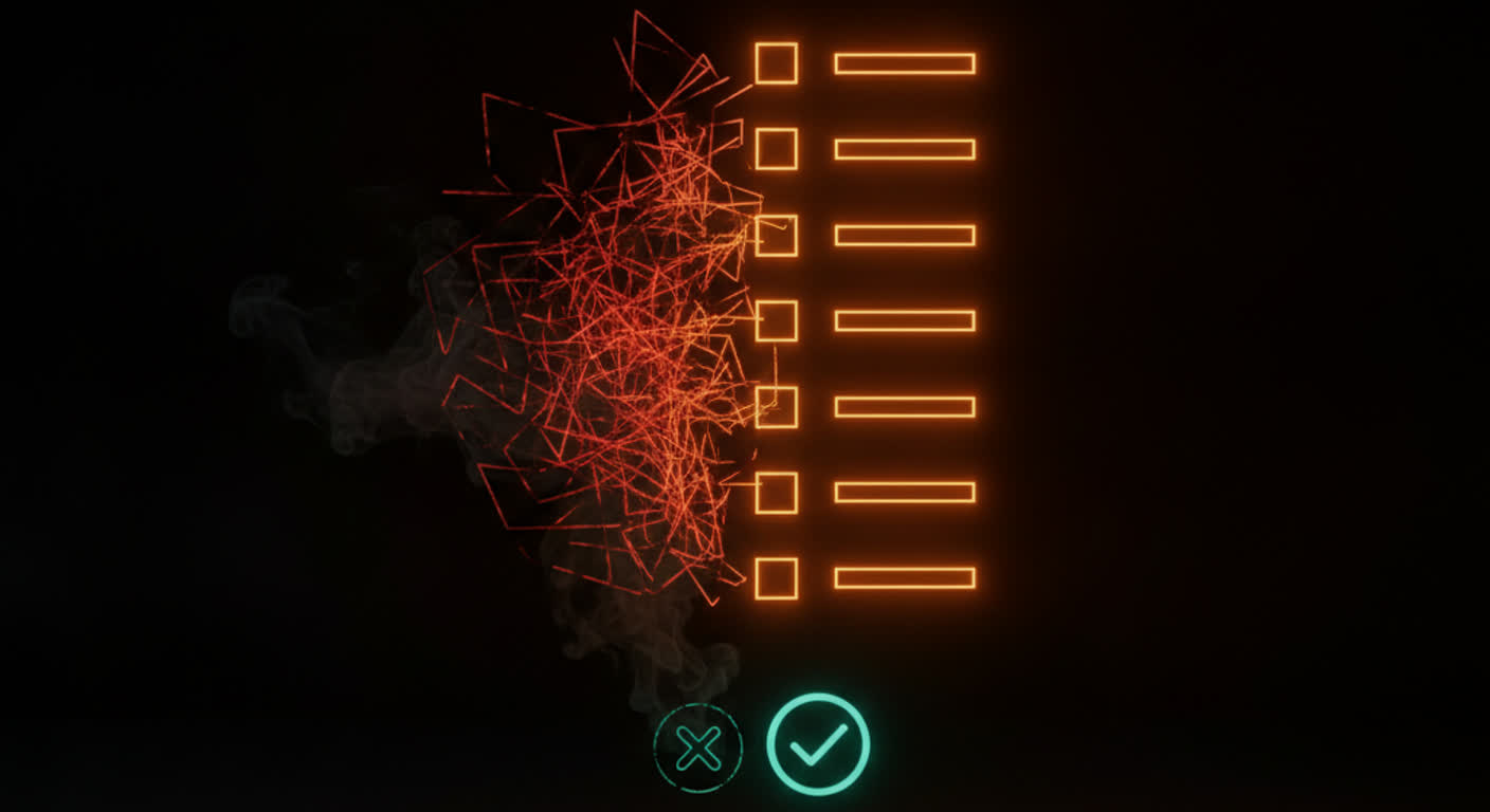 A clean sorted amber list replaces a chaotic one as a small teal error icon resolves in the dark