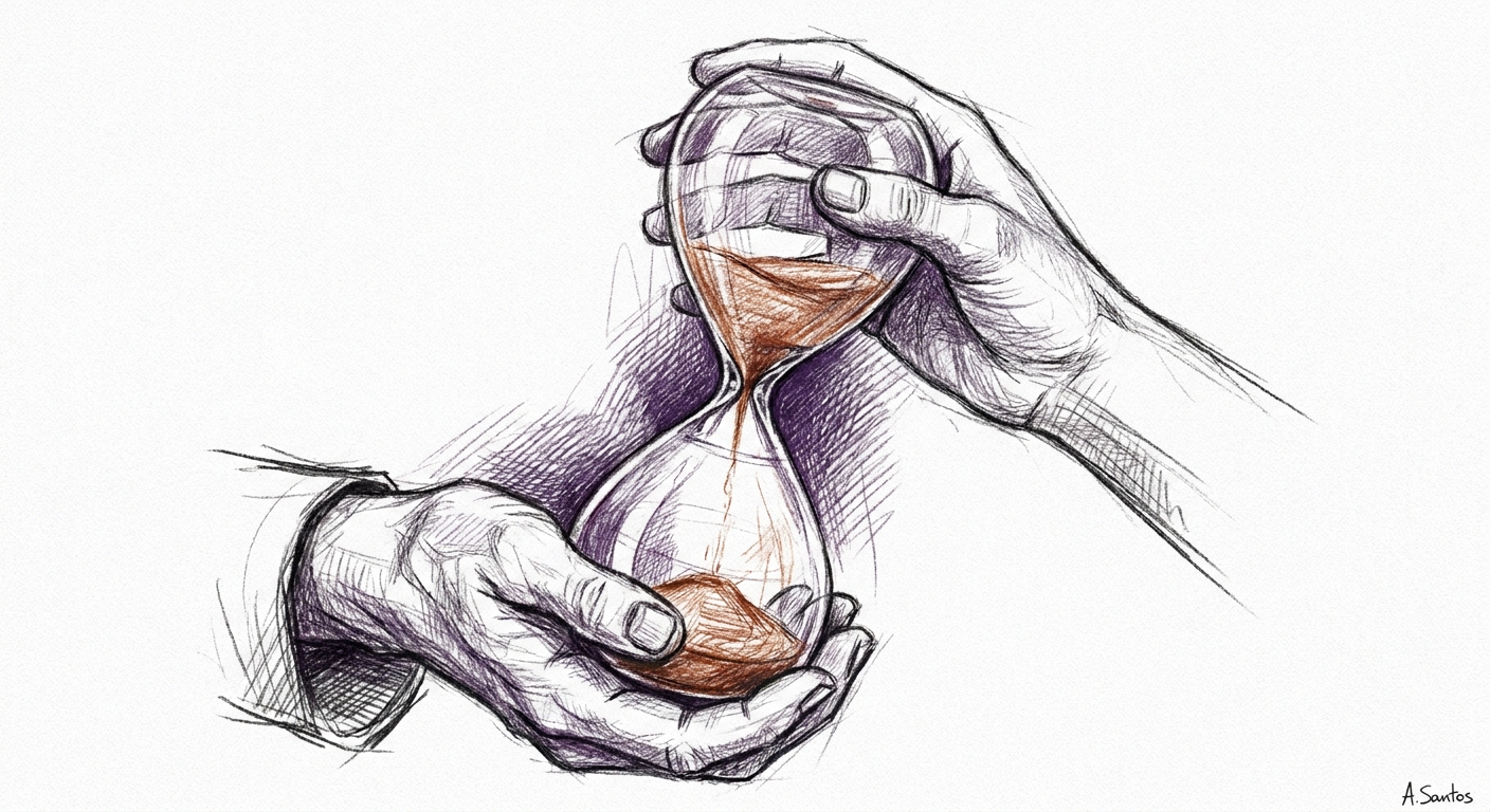 A pair of hands holding an hourglass against a dark background, warm amber sand flowing through the narrow neck, with faint teal light reflecting off the glass surface