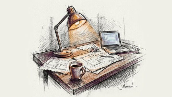 A charcoal sketch of a desk lamp illuminating a cluttered late-night workspace with warm amber and deep purple accents