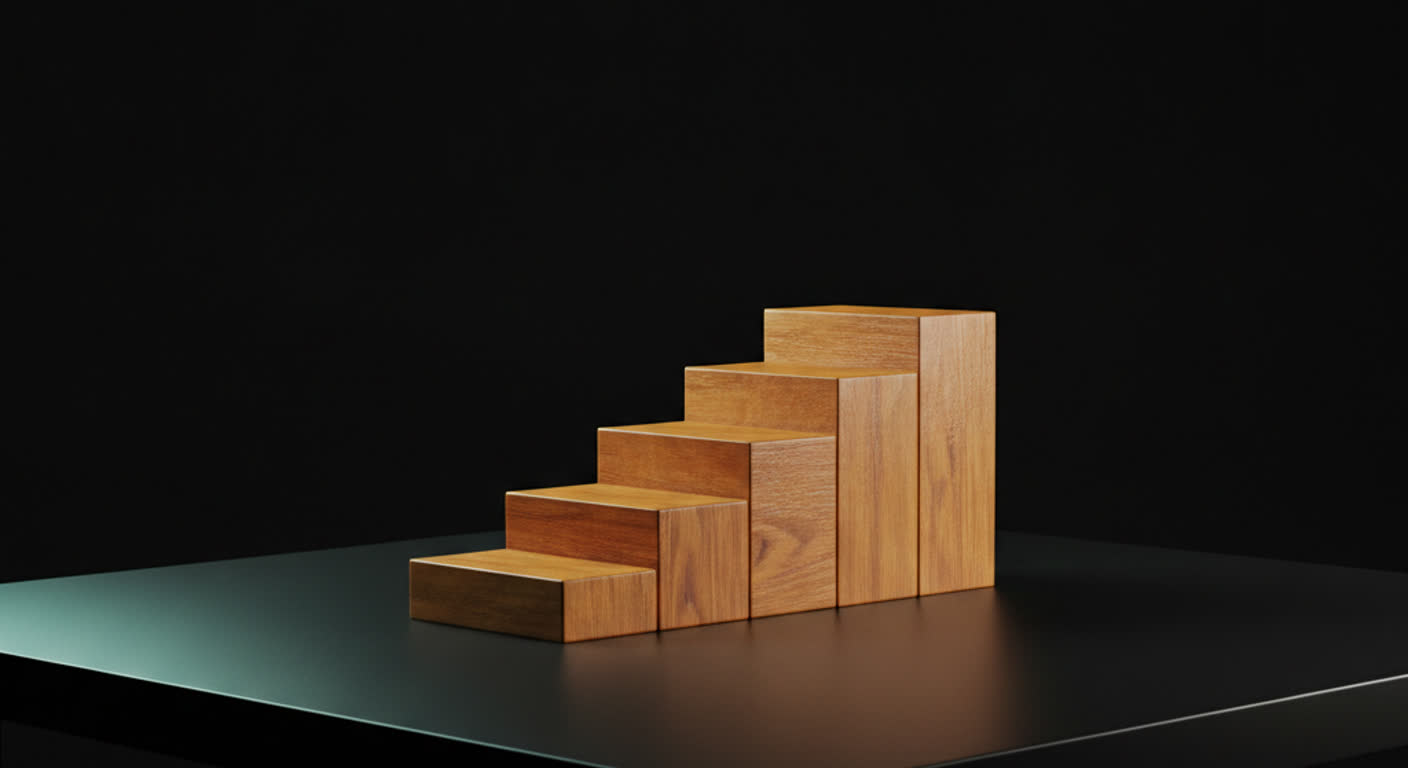 Five amber wooden blocks stacked into a sturdy step on a dark table under a soft teal light