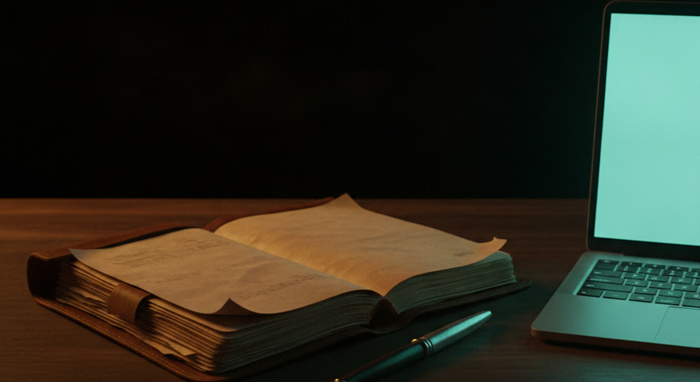 An old leather order book and pen beside a glowing teal laptop on a dark counter