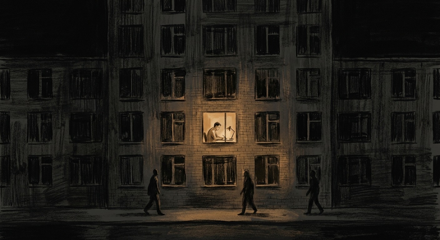 Charcoal-and-amber illustration of a single lit window in a dark building at night, with one person at a desk working while shadowed figures pass by outside without looking in