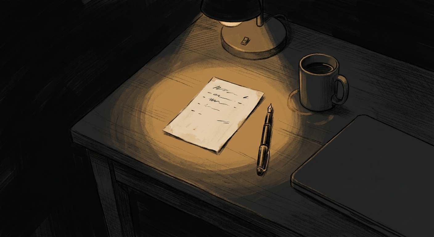 Charcoal-and-amber illustration of a handwritten short list on a wooden desk under warm focused desk-lamp light, with a pen, mug, and corner of a closed laptop nearby; the surrounding room receding into deep charcoal shadow
