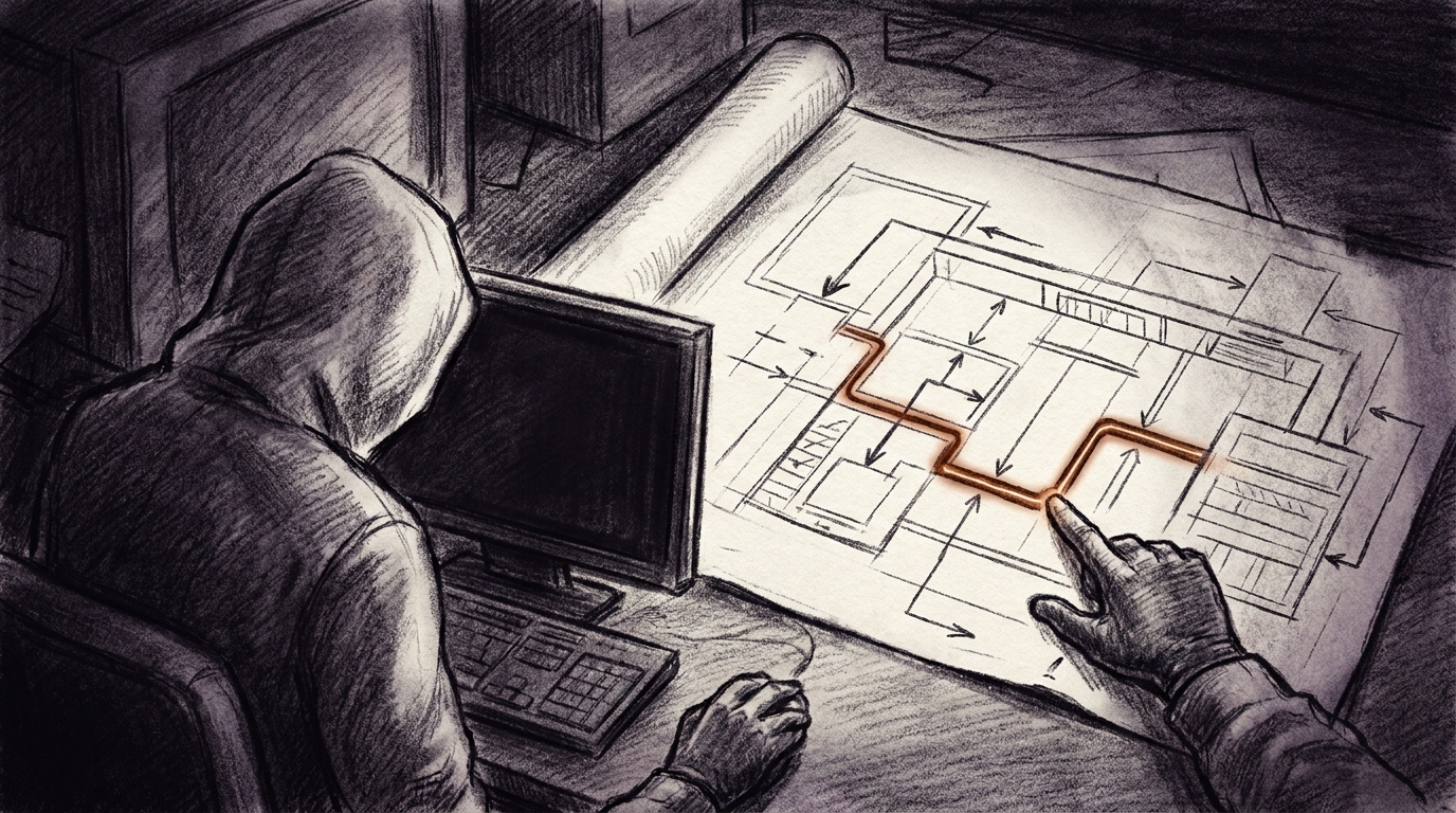 Charcoal sketch of an ethical hacker at a terminal pointing at one specific seam between two system layers where a glowing burnt-sienna line shows the exploit path, the rest of a complex blueprint fading into deep purple shadow
