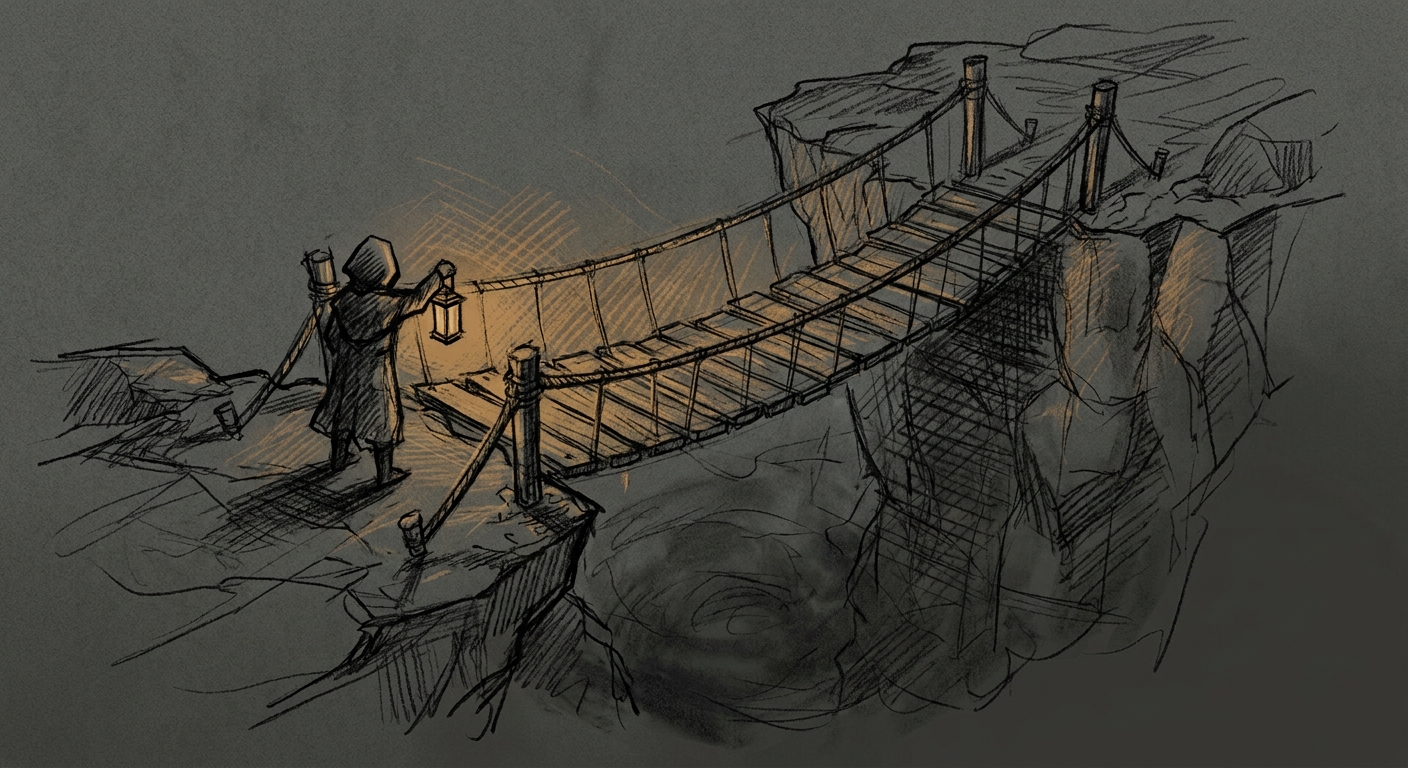 Warm charcoal-and-amber sketch of a hooded figure holding a glowing amber lantern at the edge of a chasm at night, the lantern's light reaching across a plank bridge toward the far cliff