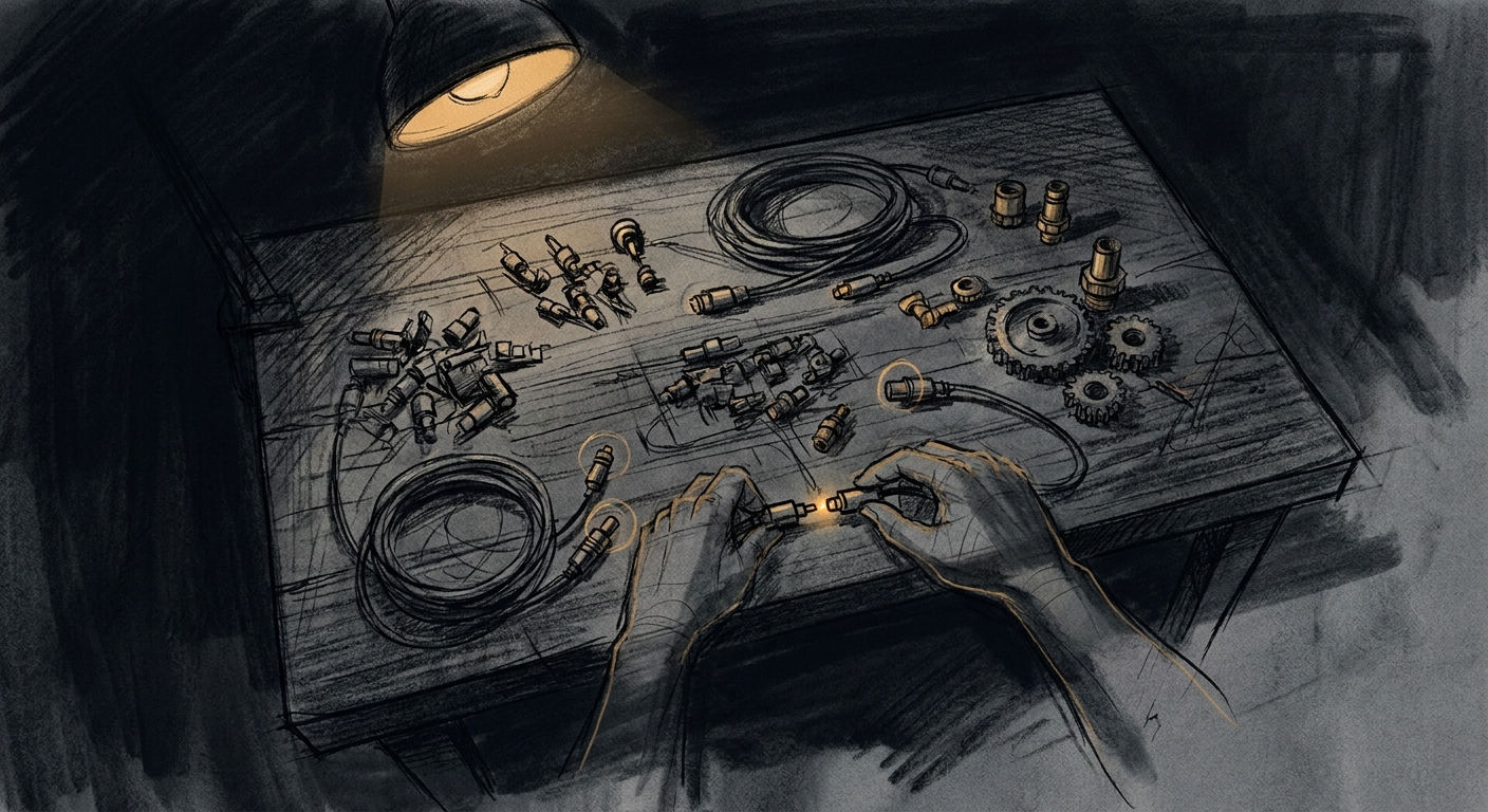 Warm charcoal sketch of a craftsman's workbench at night with small amber-lit connectors, coiled cables and gears spread across the surface, a hand reaching in from the edge to connect two pieces together