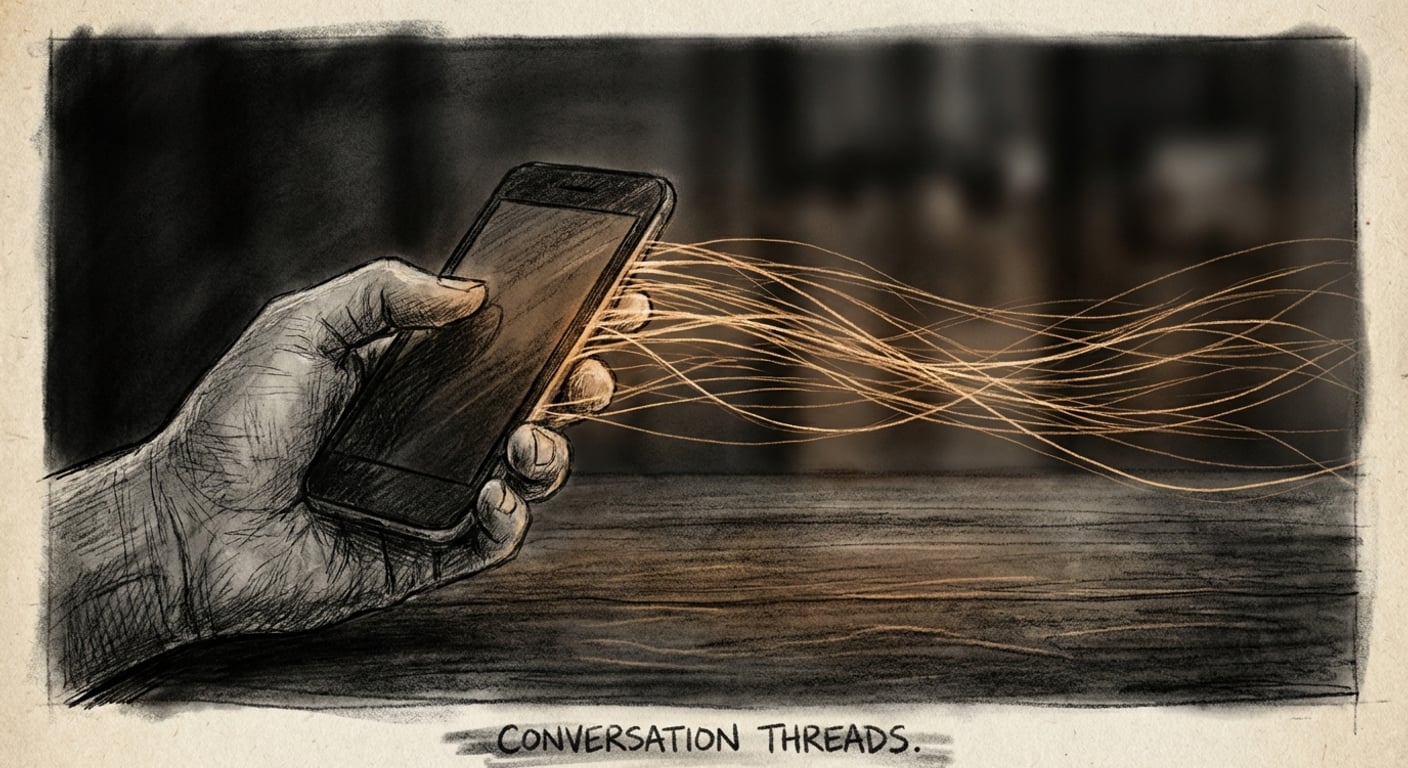 Close-up of a hand holding a phone at night while dozens of luminous amber threads flow outward from the phone across a dark wooden surface