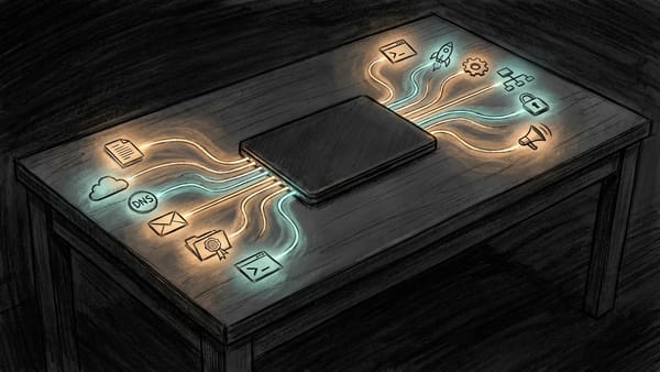 A desk at night with parallel streams of work flowing outward in luminous threads