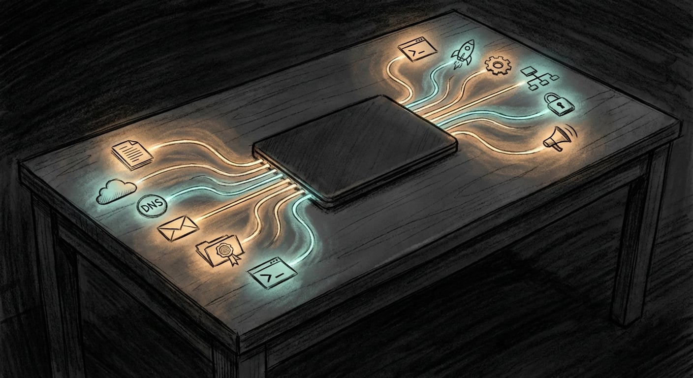 Aerial three-quarter view of a desk at night with luminous amber and teal threads shooting outward in parallel from a closed laptop, each ending in a small icon