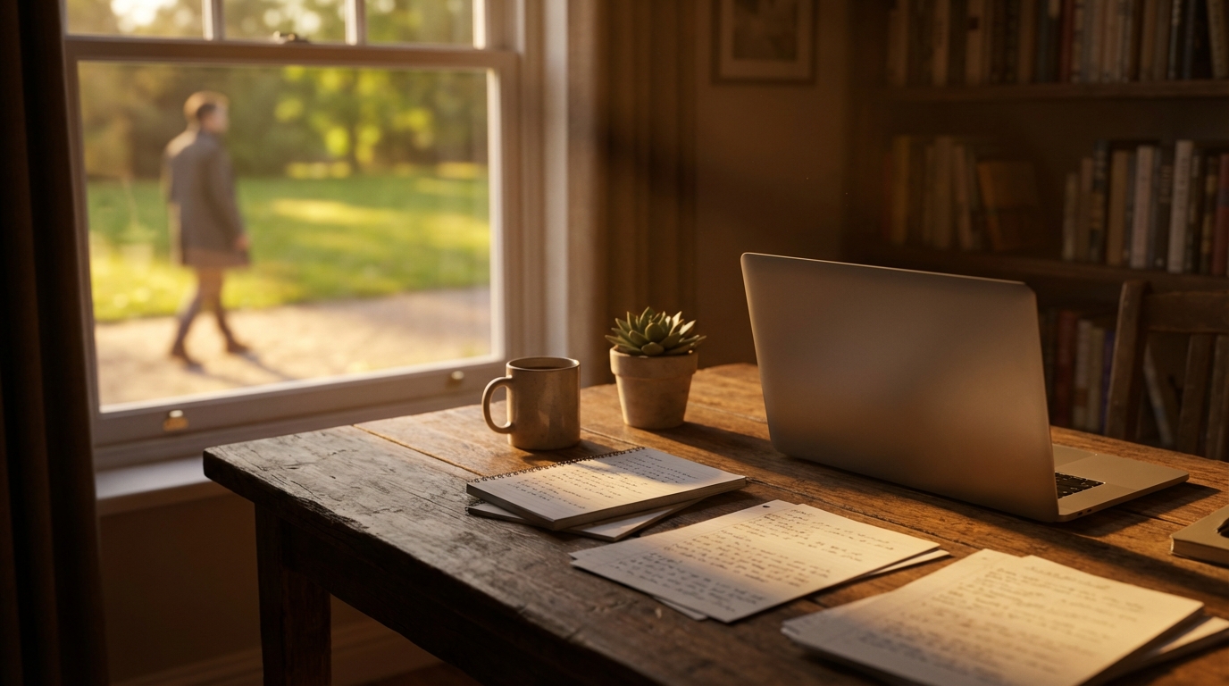 A warm wooden desk at dusk with a closed laptop, through the window a figure walking toward a sunlit outdoor space