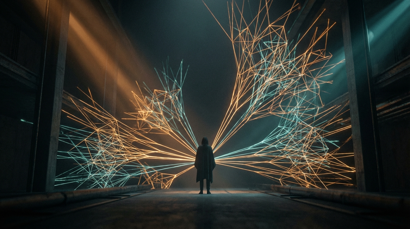 A lone figure standing still while luminous amber and teal threads cascade outward in exponentially branching patterns
