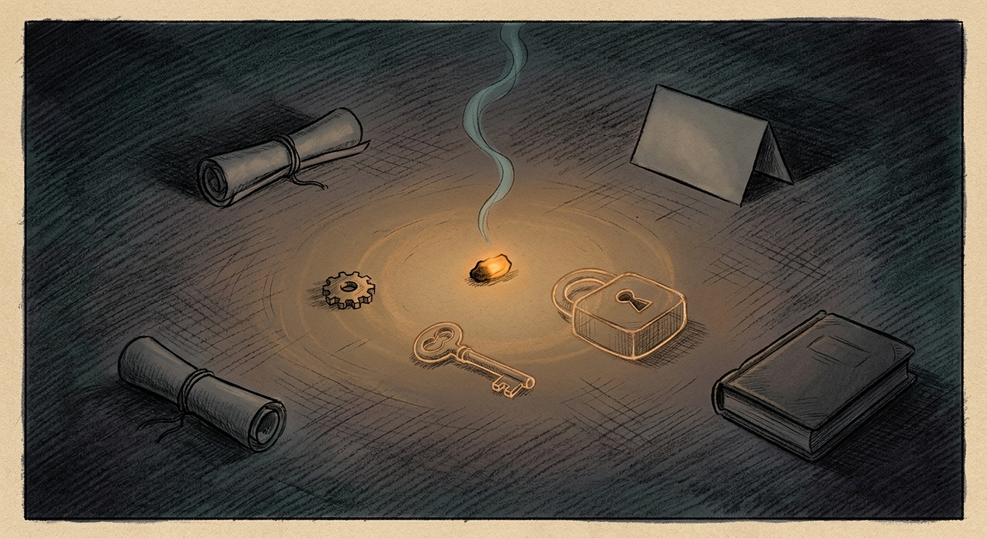 Warm charcoal sketch of a cluster of small glowing amber lanterns flickering out while one larger central amber fire glows steadily against a deep obsidian night sky, with thin wisps of smoke rising from the fading lanterns