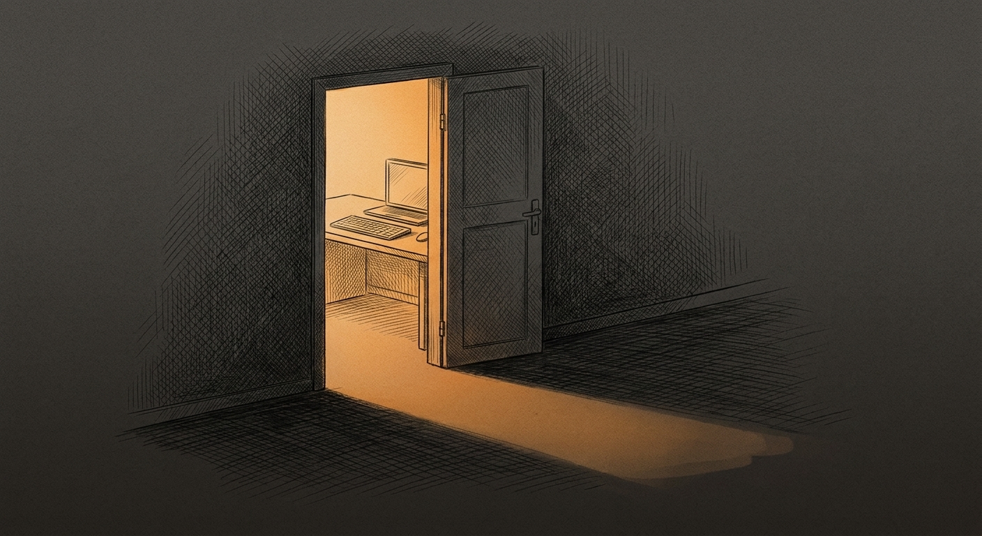 An open doorway with warm amber light pouring through it, a desk and keyboard visible in the dark room behind, suggesting walking away from the screen