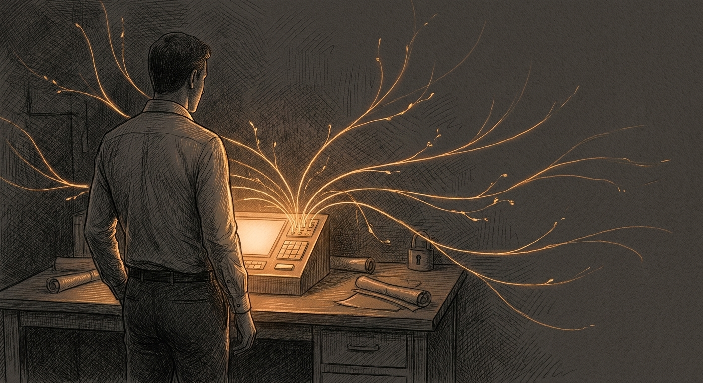 A founder stepping back from a glowing control panel, hands at their sides, while amber threads of automation flow outward from the console into the dark
