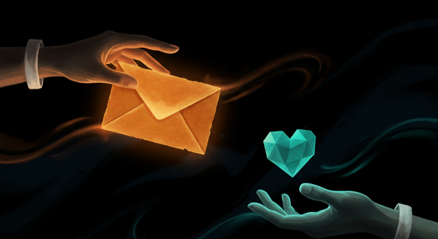 Two hands on a dark background, one giving an amber envelope and one sending back a teal heart