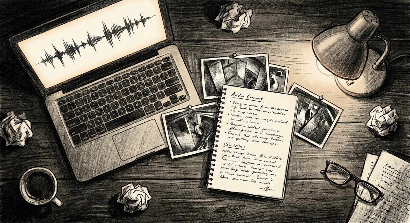 Charcoal sketch of a desk with a glowing laptop showing a transcribed waveform and surveillance still frames pinned beside a handwritten notebook