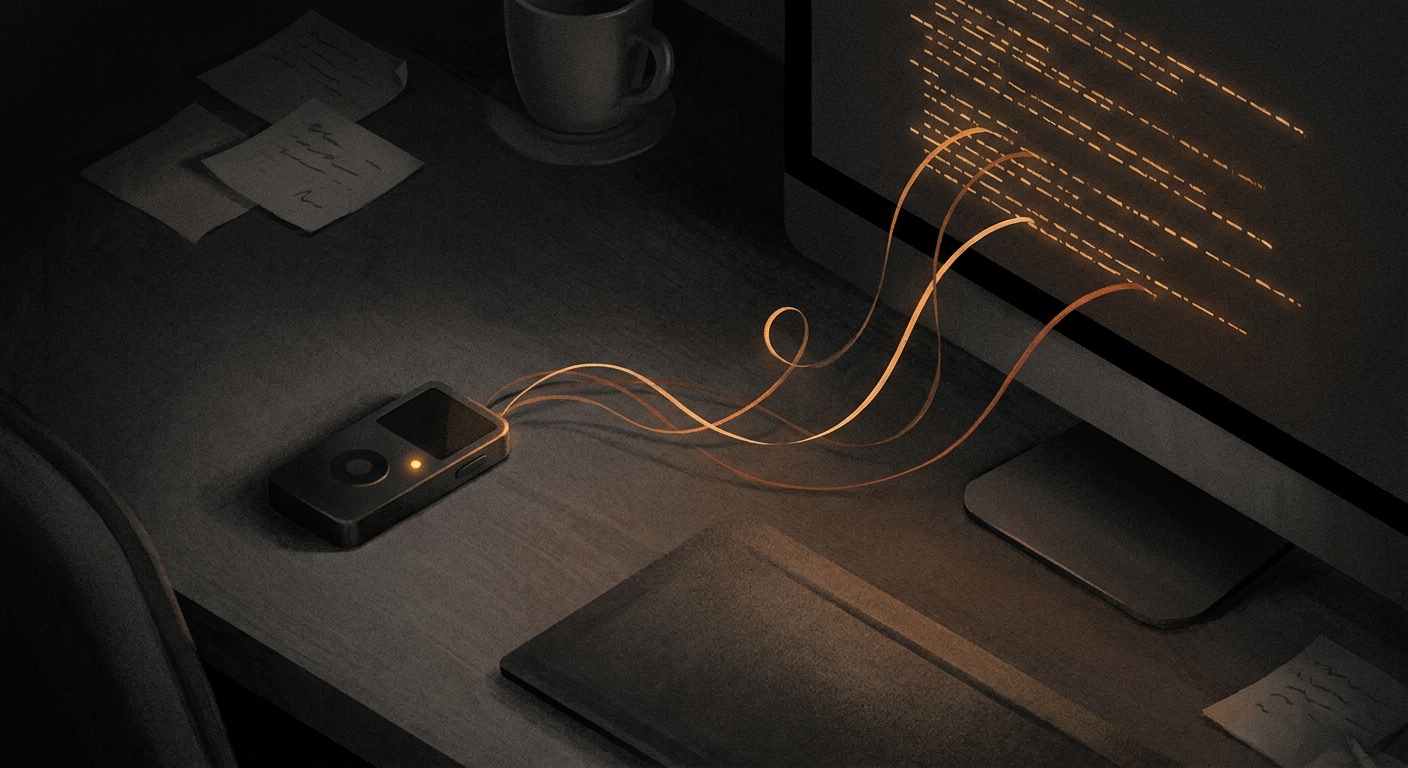 Charcoal-and-amber illustration of a desk at night with a small voice memo recording, a glowing terminal screen showing draft text, and warm amber threads flowing between the two suggesting raw thoughts becoming structured prose