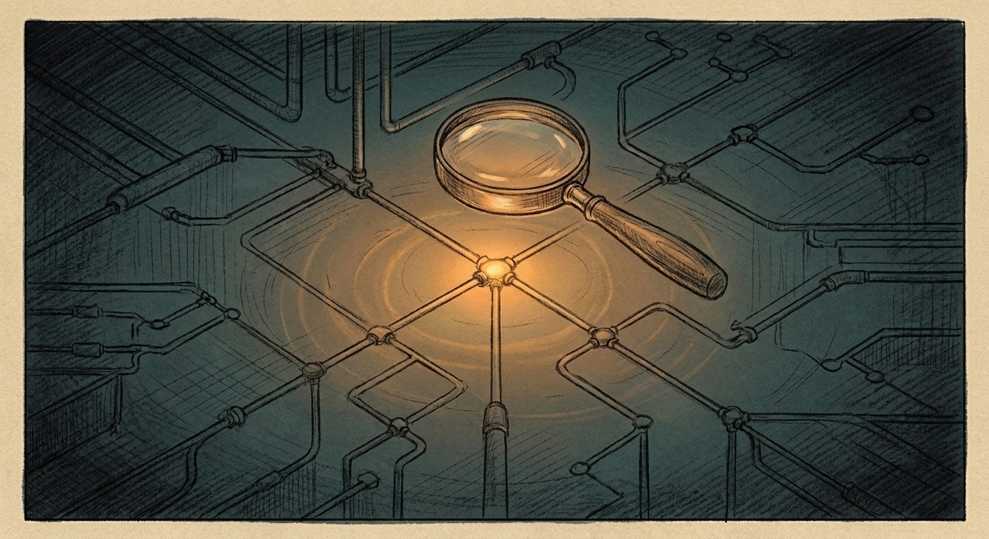 Charcoal-and-amber illustration of a magnifying glass hovering directly over a single illuminated point on a complex dark schematic, while three other branching investigation paths fade into the dark background, suggesting hypothesis-first focus over broad enumeration