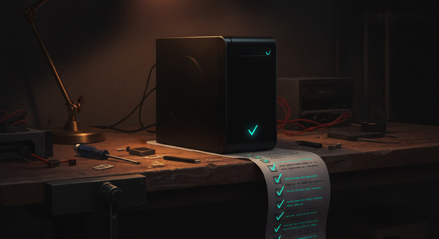 A small computer box on a workbench at night under an amber lamp, with a long paper checklist of glowing teal check marks curling off the bench