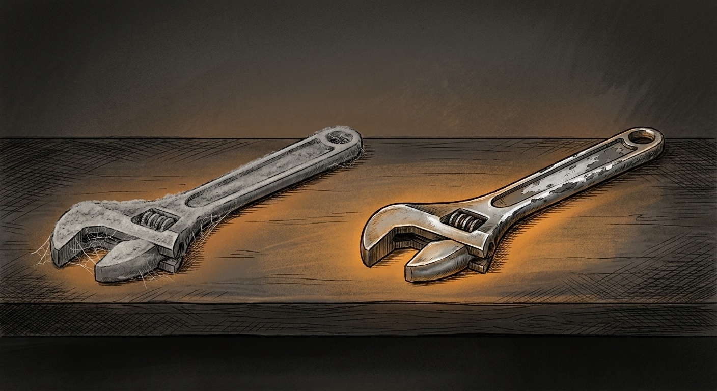 A wrench lying on a shelf collecting dust next to an identical wrench that's visibly worn from daily use, both glowing faintly in amber light