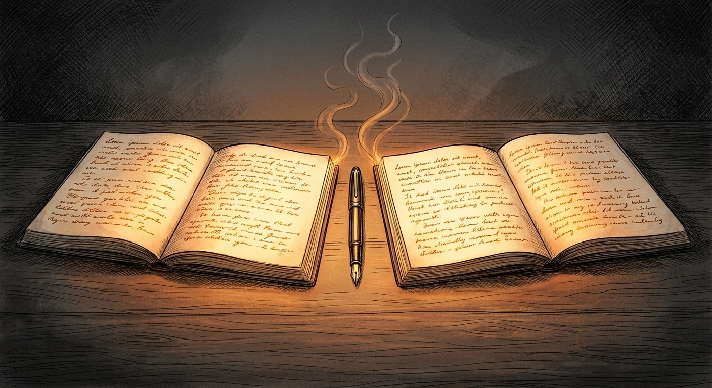 Two open notebooks on a dark desk, each with opposing statements written in amber ink, a single pen resting between them