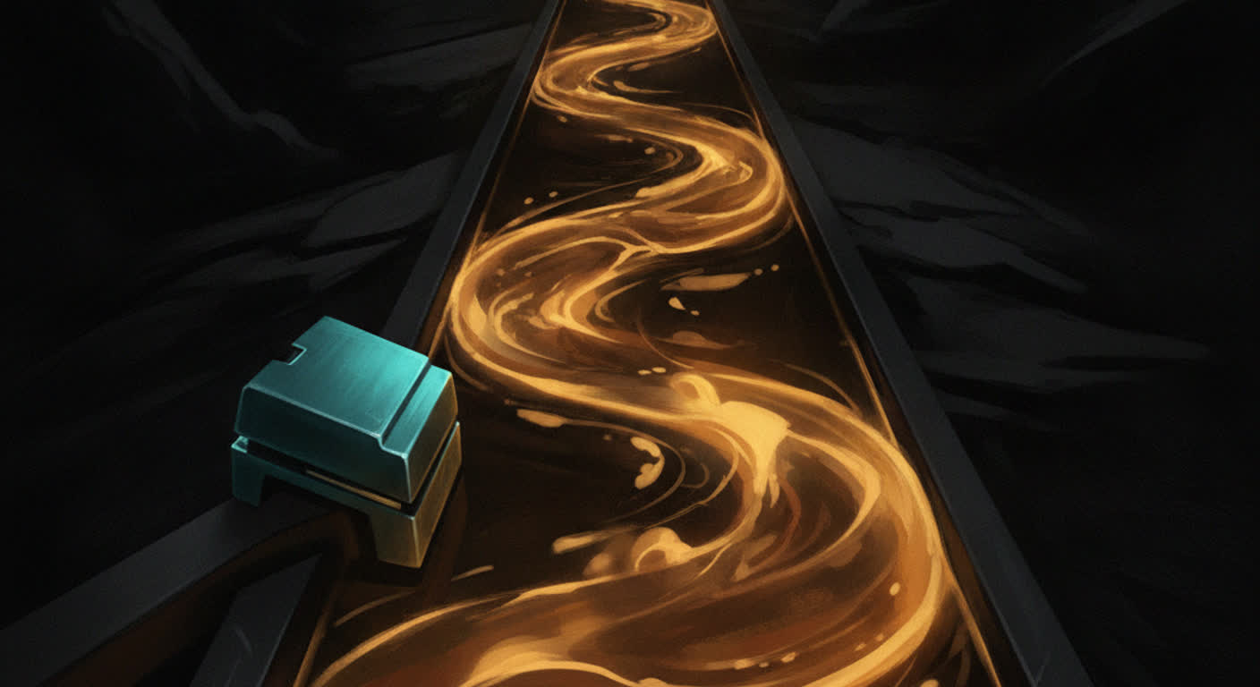 A dark track where amber work flows forward by default with a small teal brake standing ready