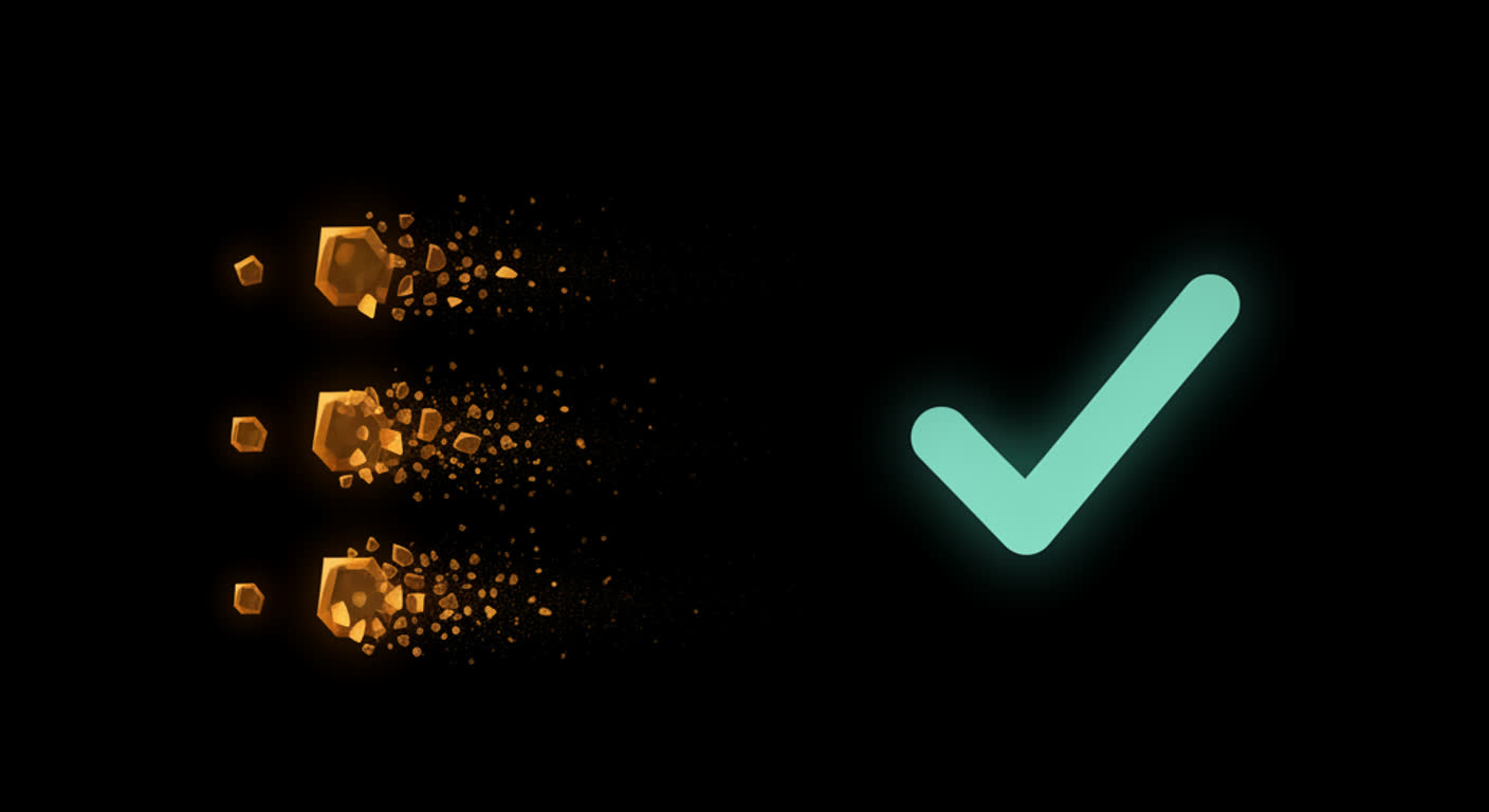 A list of amber items is trimmed down to nothing on a dark screen with a single calm teal checkmark remaining