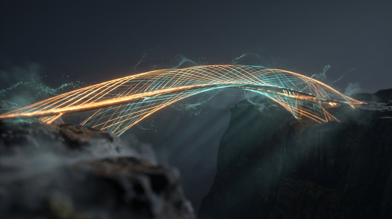 A luminous bridge made of glowing amber and teal threads being woven across a dark chasm
