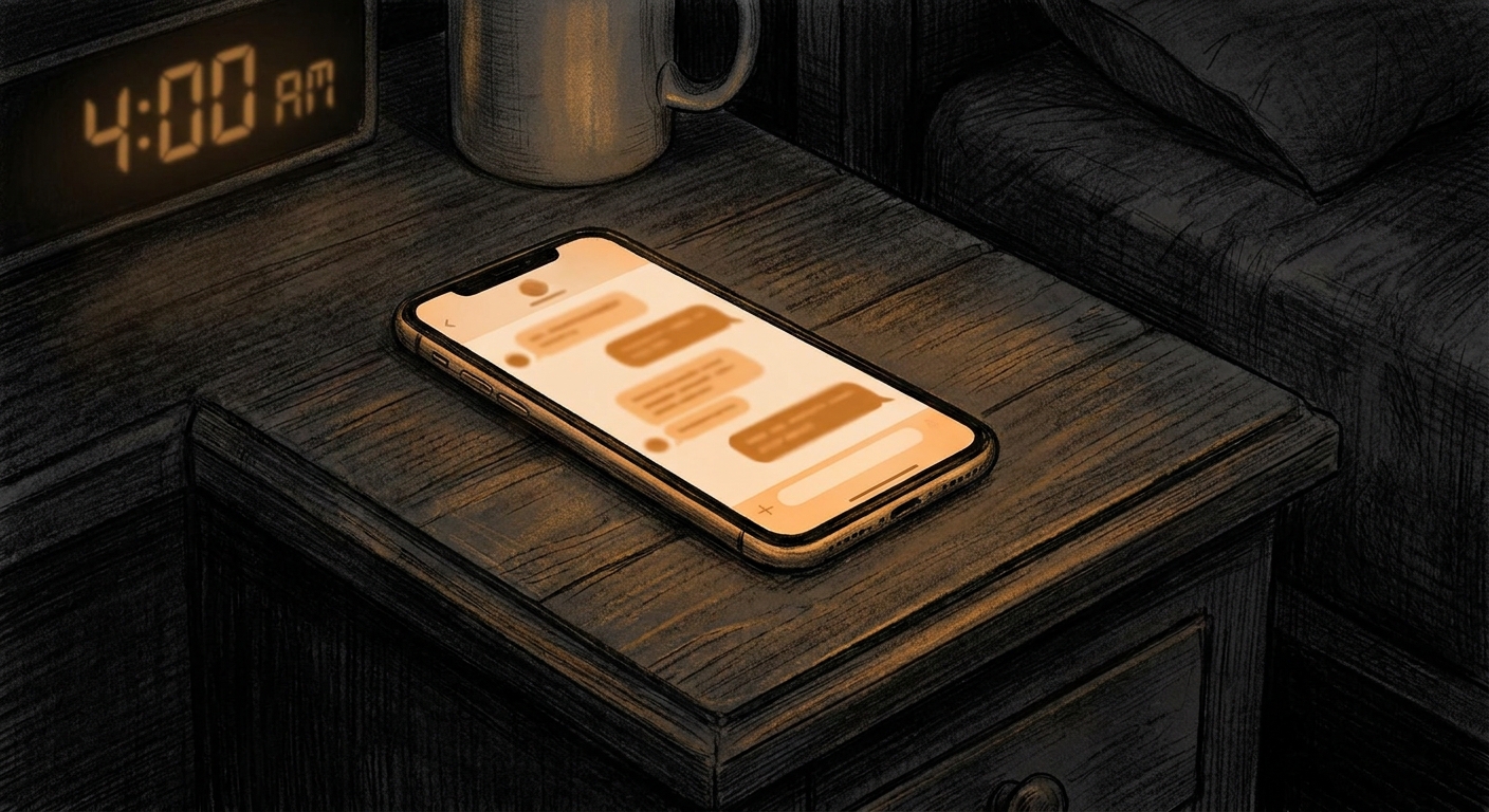 Charcoal and amber illustration of a single phone screen glowing on a dark nightstand at 4am, the screen showing a chat thread, soft warm light spilling onto the wood, no people in frame