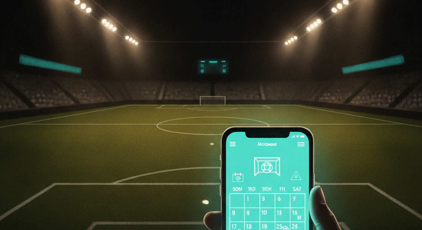 An indoor soccer field at night with a phone showing a calendar in the foreground