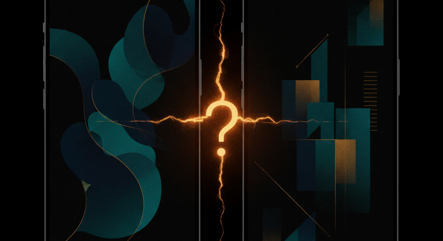 Two phone screenshots side by side with a gap between them marked by a question mark